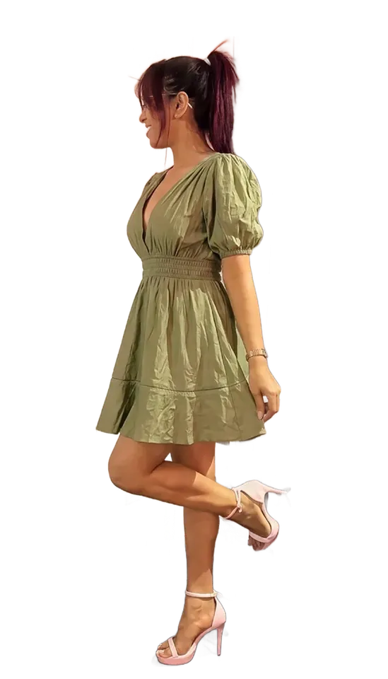 After: AI try-on in a sage smocked dress